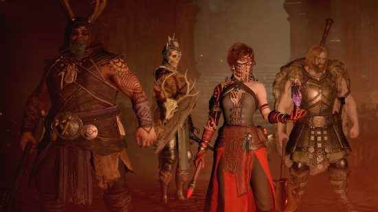 Diablo 4 parti ölçeklendirme: Lobide dört oyuncudan oluşan bir grup bir arada duruyor.