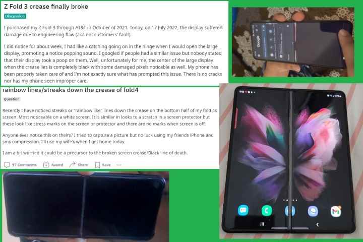 Samsung katlanabilir telefonlarıyla ilgili sorunları gösteren resimler ve gönderiler