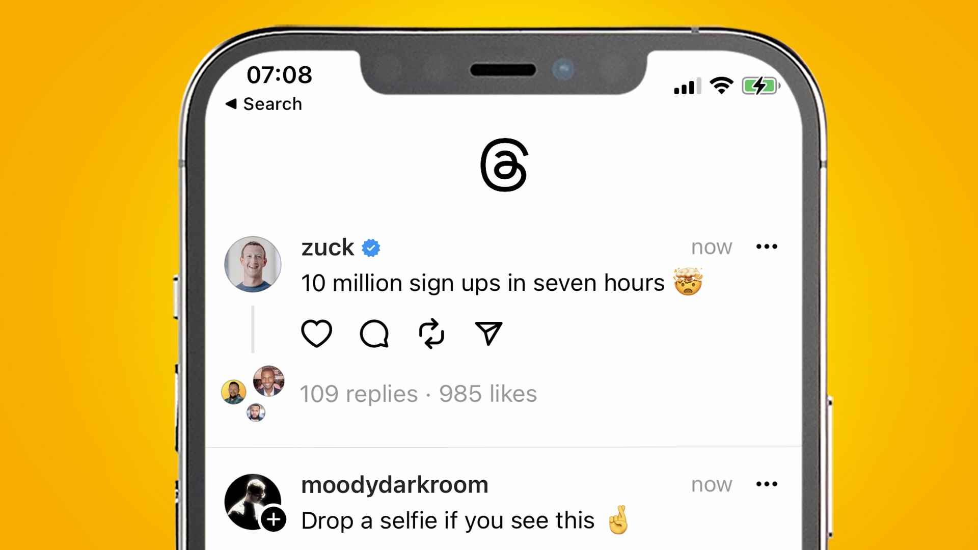 Konular uygulamasında Mark Zuckerberg'i gösteren turuncu bir arka plan üzerinde bir telefon