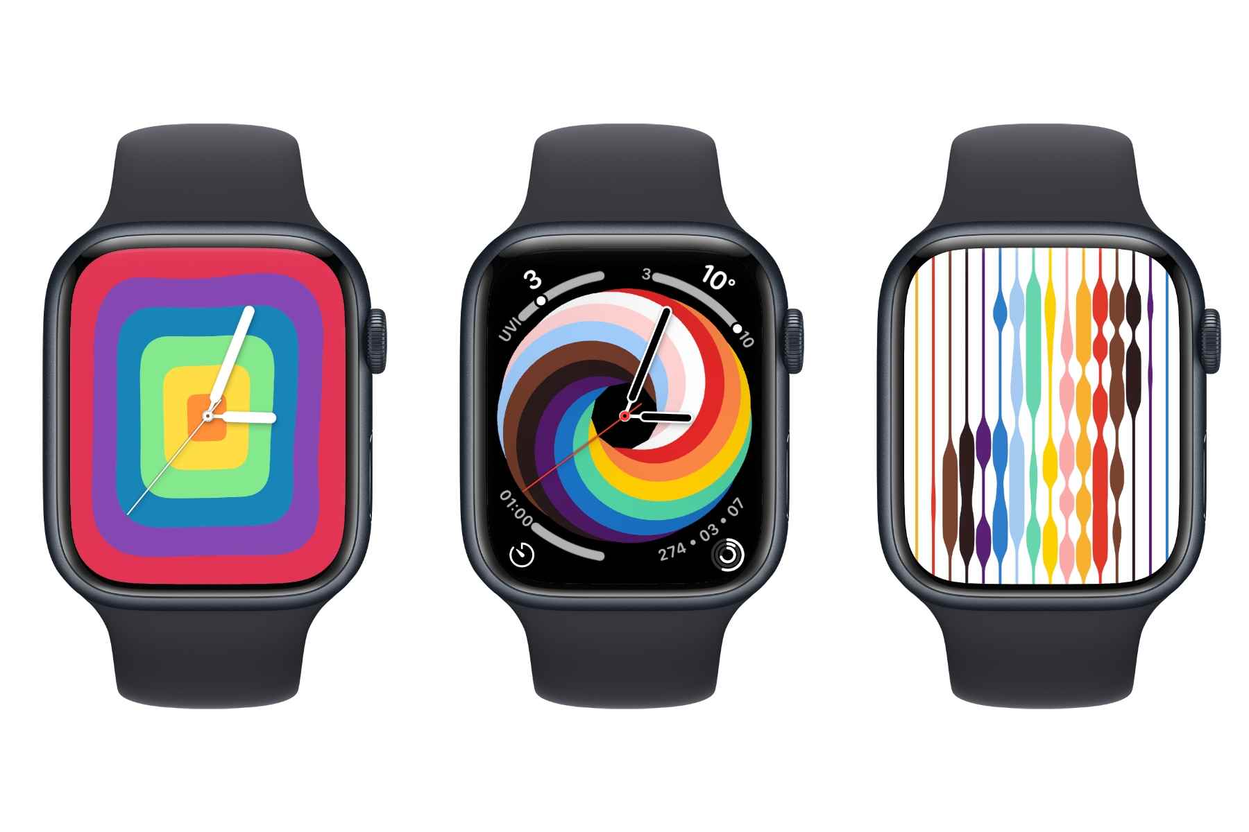 Pride Analog, Pride Woven Circular ve Pride Threads yüzlerini gösteren üç Apple Saati.