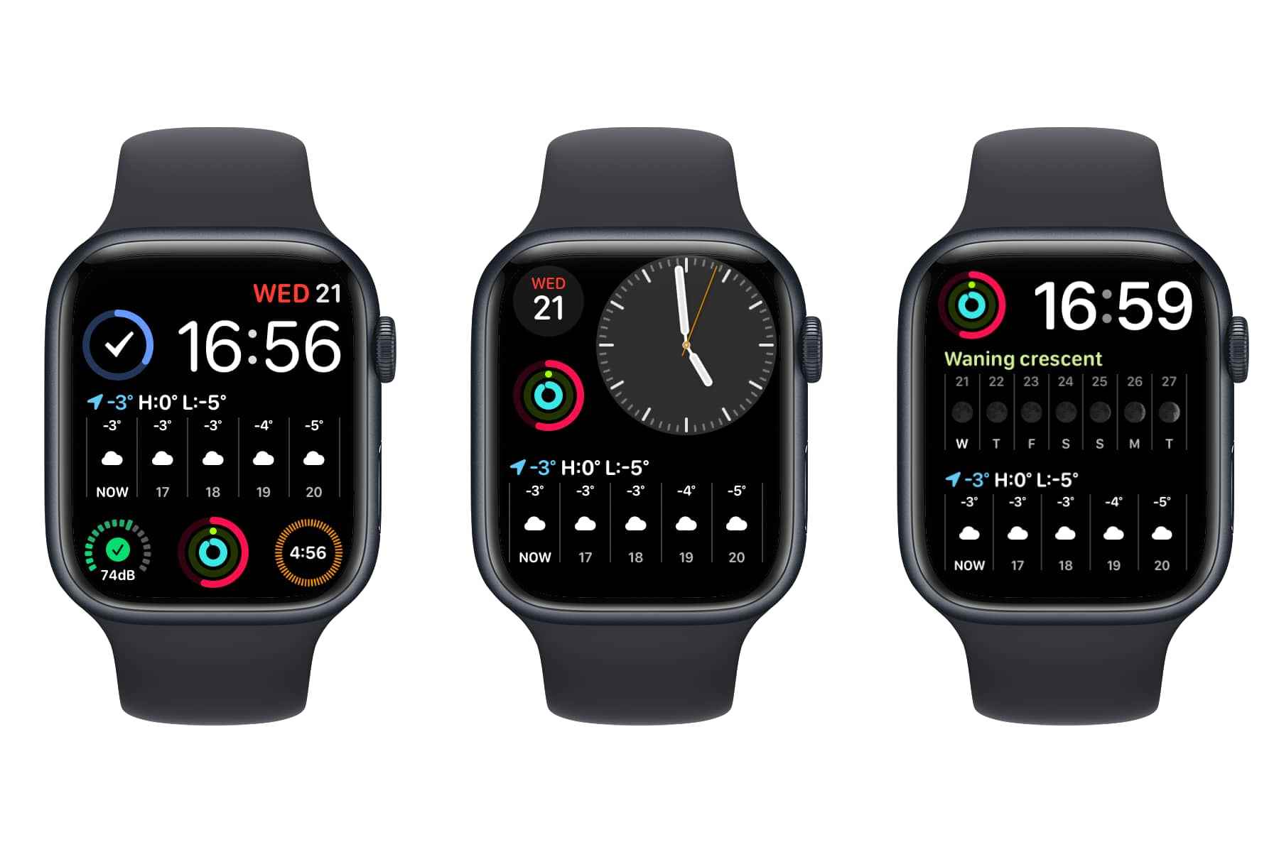 Modüler saat yüzlerini gösteren üç Apple Saati.