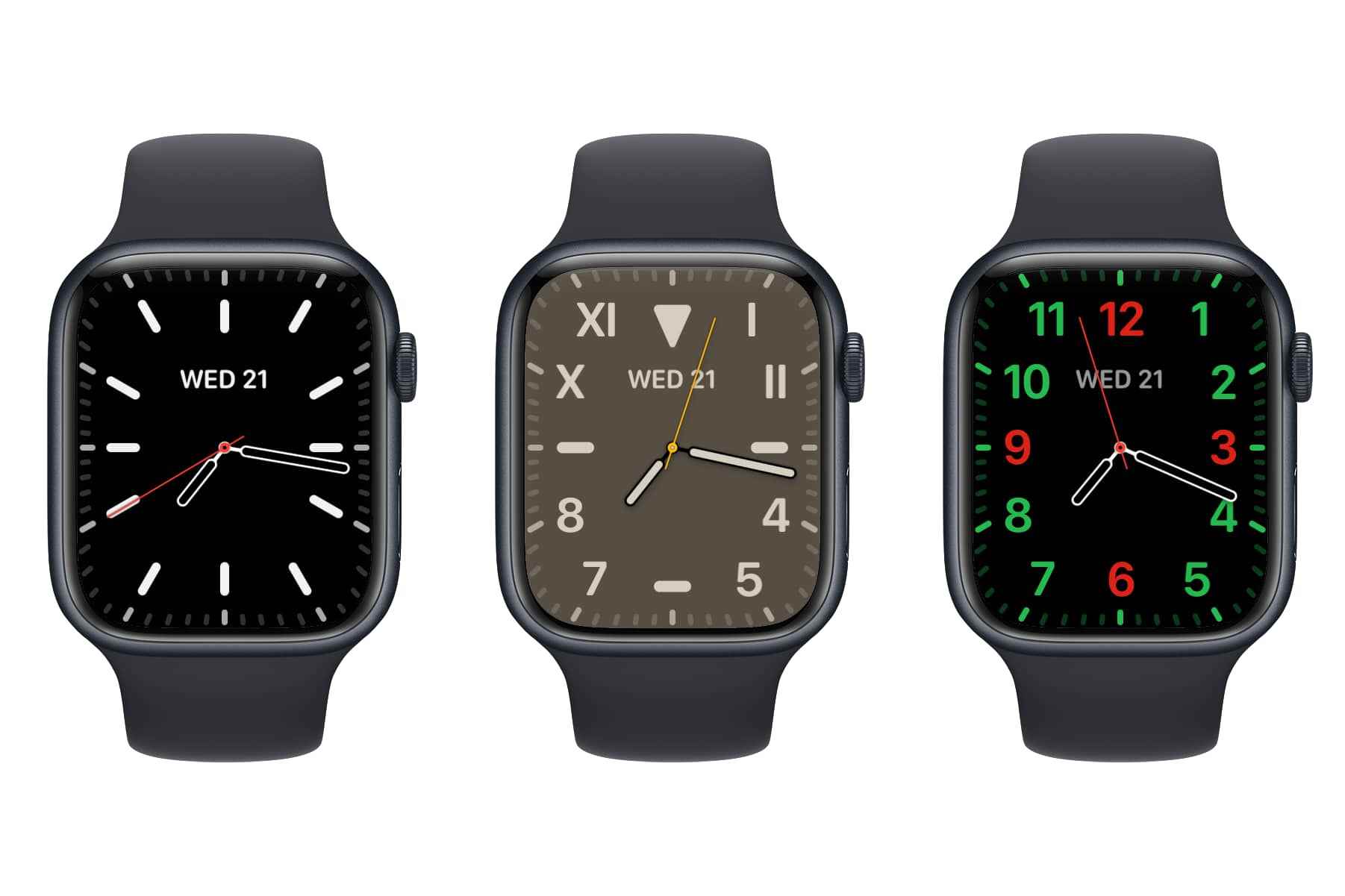 California saat yüzlerini gösteren üç Apple Saati.
