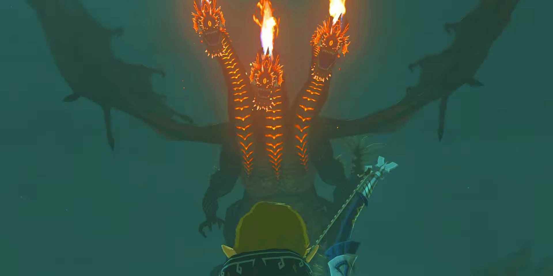 Zelda Tears of Kingdom's Gleeok, Link durup ona bakarken üç başıyla uzaktan kükrüyor.
