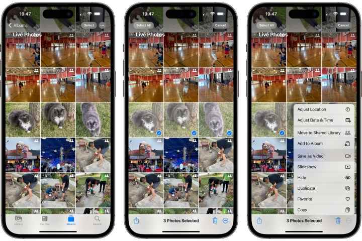Birden çok Canlı Fotoğrafın nasıl seçileceğini ve bir video montajına dönüştürüleceğini gösteren üç iPhone.