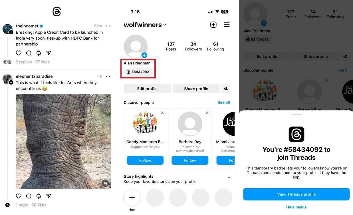 Solda Threads ve ortada ve sağda Instagram'dan ekran görüntüsü - Instagram'ın Threads'i beş gün önce piyasaya çıktıktan sonra 100 milyona yakın aboneye sahip