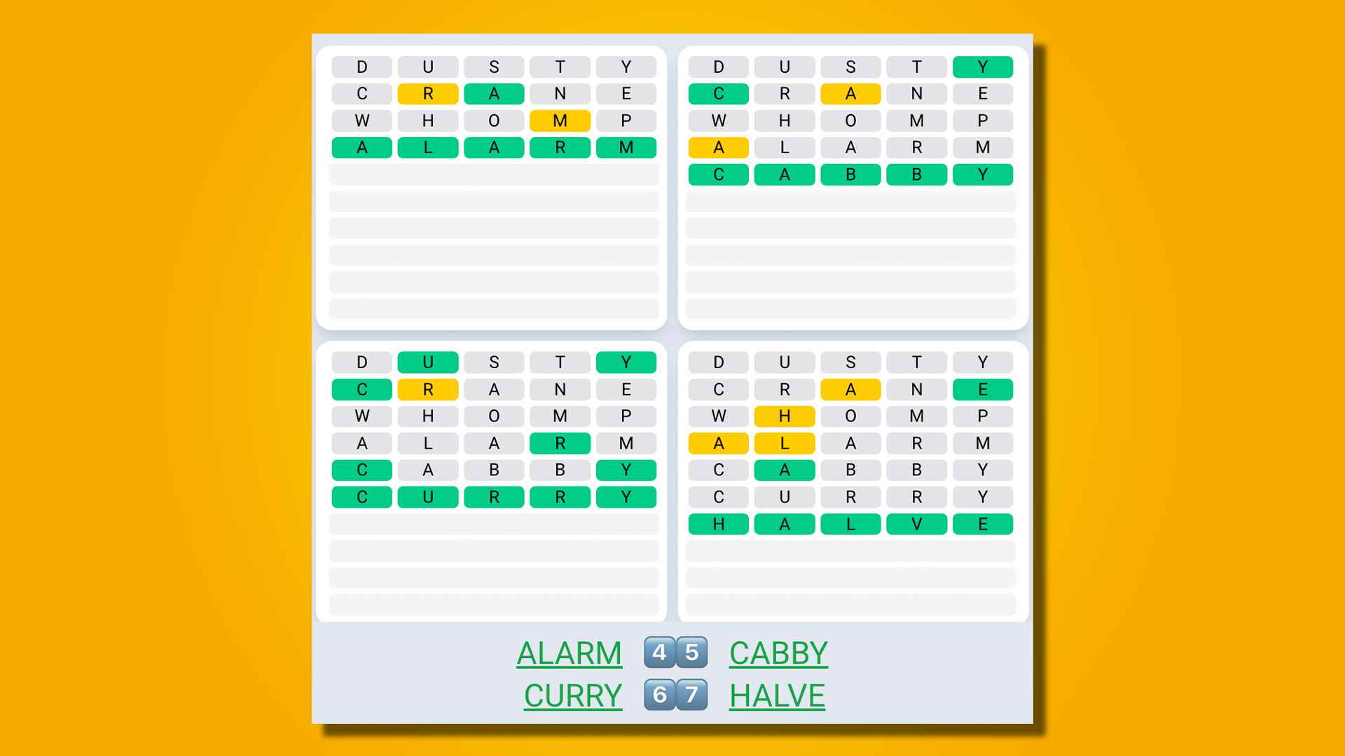 Sarı bir arka plan üzerinde 533 numaralı oyun için Quordle Daily Sequence cevapları