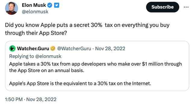 Bir Musk tweet okuması "Apple'ın App Store'dan satın aldığınız her şeye gizli bir şekilde %30 vergi koyduğunu biliyor muydunuz?"