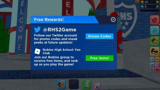 Roblox Lisesi 2 kodları: Oyuncudan ücretsiz promosyon kodlarını girmesini isteyen bir menü.