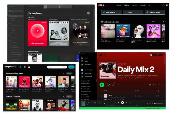 Apple Music, Spotify, Amazon Music ve YouTube Music dahil olmak üzere müzik akışı hizmetlerinden oluşan bir kolaj.