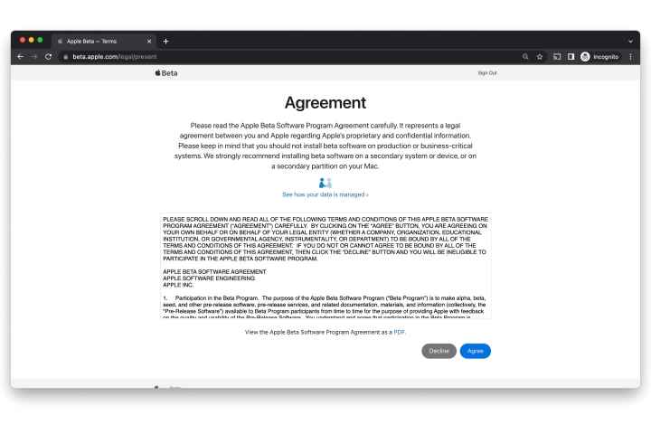 Apple Beta Yazılım Programı sözleşmesini gösteren Chrome tarayıcı.