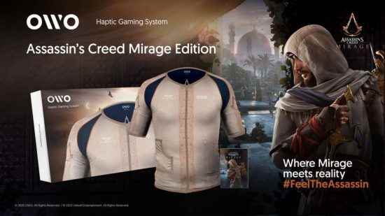 Assassin's Creed Mirage - Uyarıcı elektrotlar aracılığıyla oyun içi hisleri hissetmek için giyilebilen AC Mirage temalı bir yelek olan OWO Haptic Gaming System.