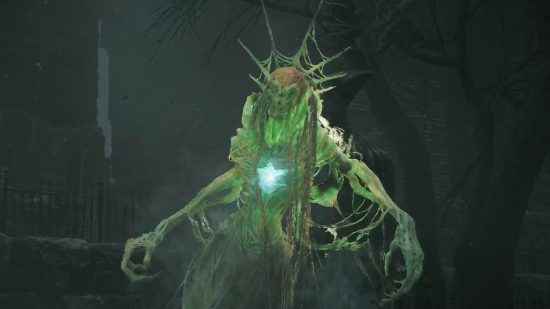 Örümcek ağlarına sarılmış ve çivili bir taçla süslenmiş gotik, mumyalanmış bir iskelet kadın olan Nightcrawler.