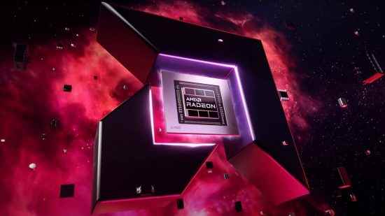 AMD Radeon RX 7800 çıkış tarihi spekülasyonu: mor bir gökyüzünün önünde içinde bir donanım parçası olan büyük bir AMD logosu görünüyor.