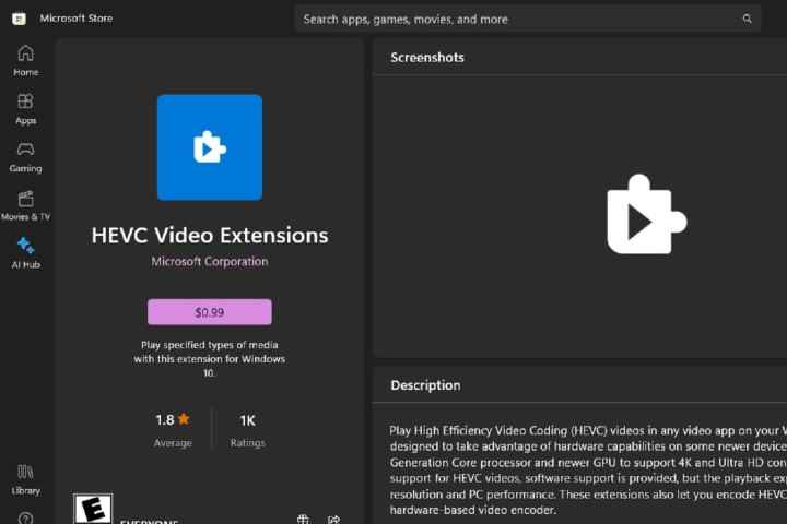 Microsoft Store'da HEVC Video Uzantıları uygulama listesi.