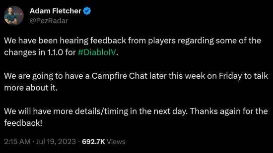 Diablo 4 kamp ateşi sohbeti - Topluluk yöneticisi Adam Fletcher tweet'leri: 