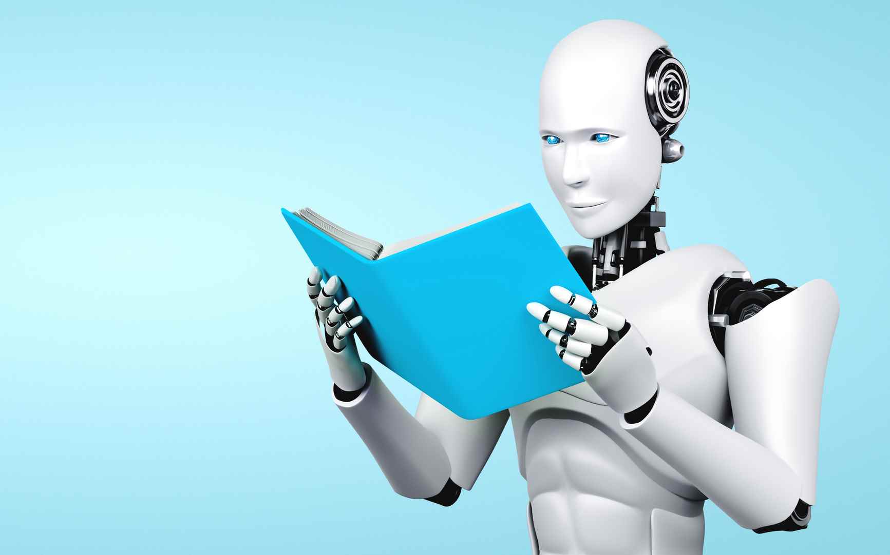 Gelecekteki yapay zeka ve 4. dördüncü sanayi devrimi konseptinde robot insansı okuma kitabının 3 boyutlu çizimi.  (Geleceğin yapay zekası ve 4. dördüncü endüstriyel r kavramında robot insansı okuma kitabının 3D çizimi