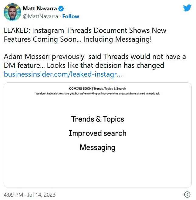 Sosyal medya analisti Navarra, DM'lerin diğer özelliklerle birlikte yakında Threads'e geleceğini söylüyor - Sızan not, DM'lerin Threads'e beklenenden daha erken geldiğini söylüyor