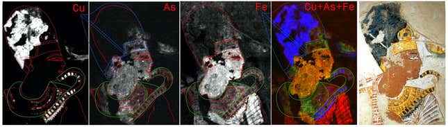 Ramesses II'nin çıplak gözle görülemeyen yönlerini gösteren X-ışını floresan görüntüleme.