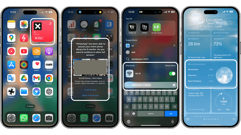 Hava Durumu uygulamasında widget'ların, WhatsApp izinlerinin, Wi-Fi ve ayın evrelerinin iOS 17 ekran görüntüleri