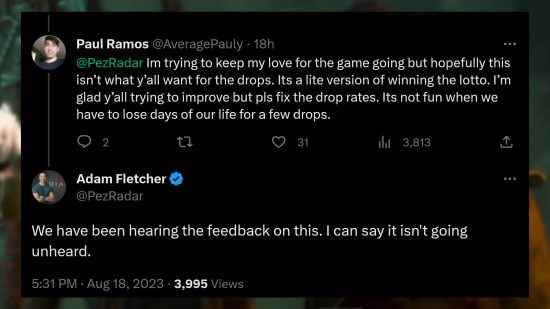 Diablo 4 uber benzersiz düşme oranları - Blizzard'dan Adam Fletcher, oyunun en nadir öğelerinin düşme oranlarıyla ilgili bir yoruma şu yanıtı veriyor: "Bu konudaki geri bildirimleri dinliyoruz.  Duyulmuyor diyebilirim."