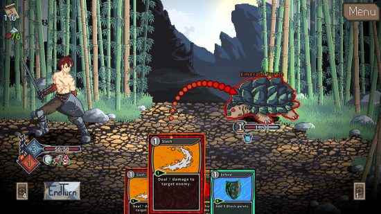 Novus Orbis - Oyuncu, büyük bir düşman kaplumbağasına saldırmak için bir kart kullanır.