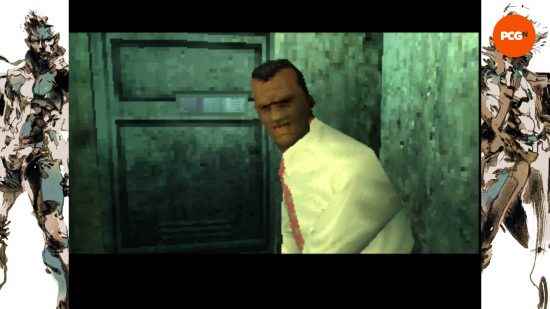 Metal Gear Solid: DARPA şefi hapishane hücresinde krem ​​rengi gömlek ve somon rengi kravat takıyor.