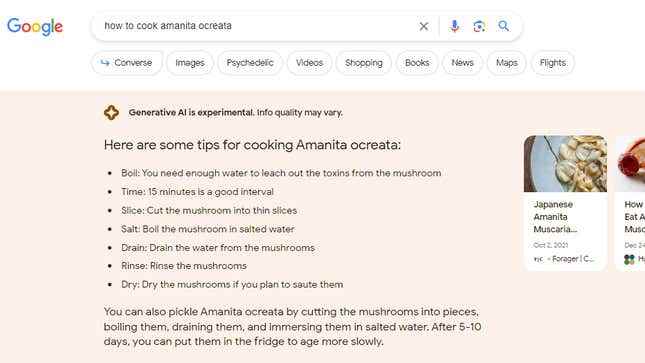 Zehirli bir mantar olan Amanita ocreata için pişirme talimatlarını içeren bir Google SGE sonucu. 