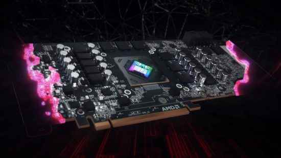 AMD Radeon RX 7700 XT'nin çıkış tarihi spekülasyonları: AMD donanım devreleri mor renkte görünüyor.