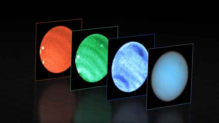 Bu görüntü, ESO'nun Çok Büyük Teleskopu'ndaki (VLT) MUSE aygıtıyla gözlemlenen Neptün'ü göstermektedir.  Neptün'ün içindeki her pikselde MUSE, gelen ışığı kendisini oluşturan renklere veya dalga boylarına böler.  Bu, binlerce farklı dalga boyunda görüntülerin aynı anda elde edilmesine benzer ve bu da gökbilimcilere değerli bilgiler sağlar.