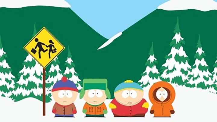 South Park'tan dört çocuk karakter karlı bir sahnede duruyor.