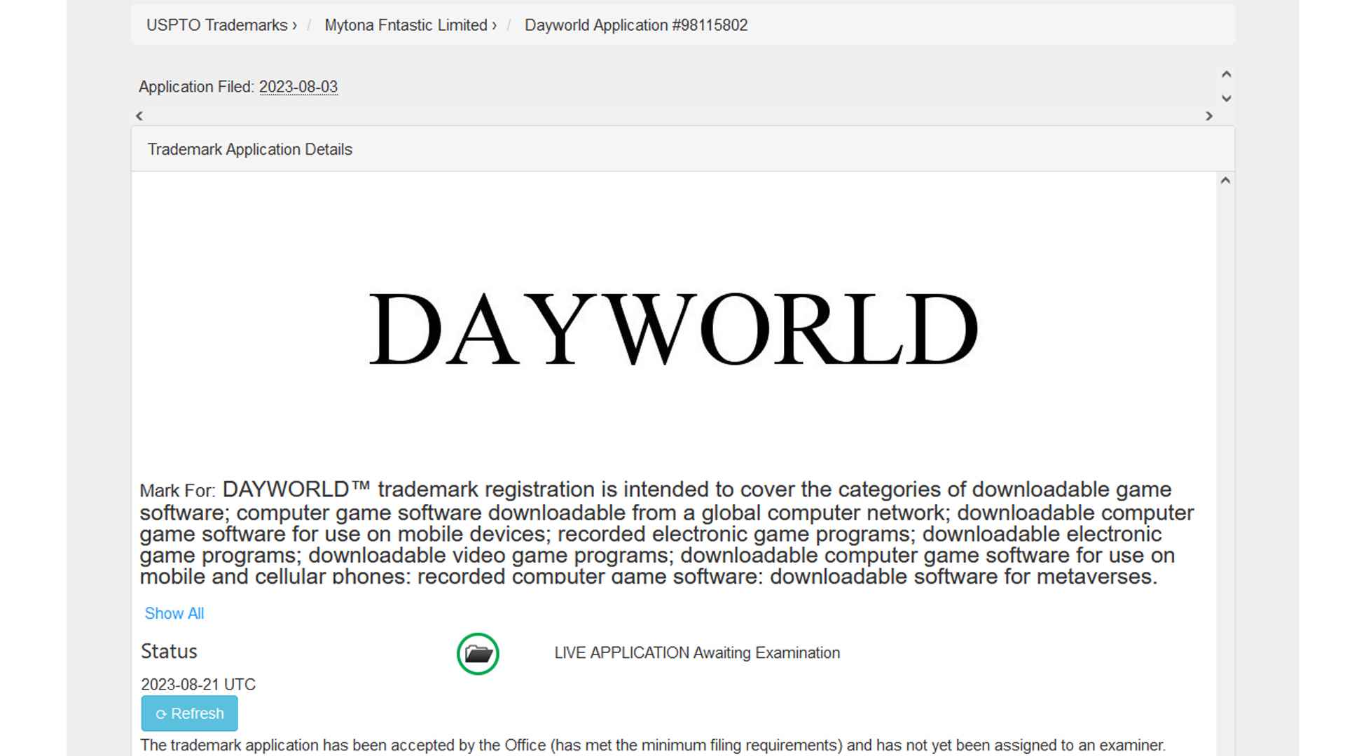 Bir video oyunu için Dayworld adına yapılan ticari marka başvurusu. 