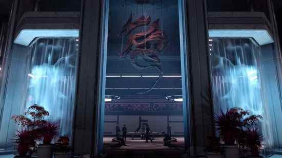 Starfield Ryujin Industries'in ejderha sembolü, grubun genel merkezinin girişinde asılı görülüyor
