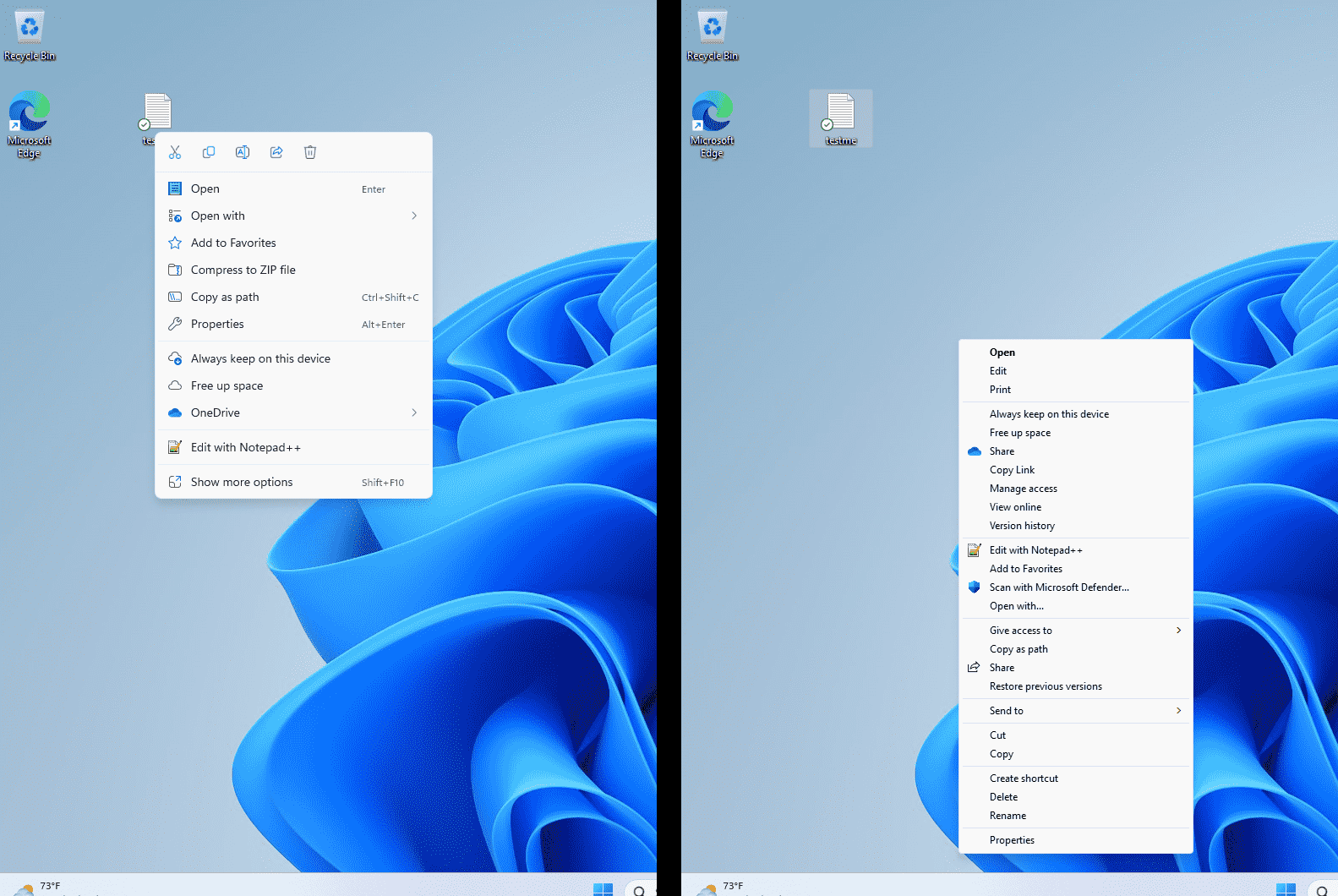 Windows 11 Bağlam menüsü: varsayılan solda, Sağda daha fazla seçenek göster