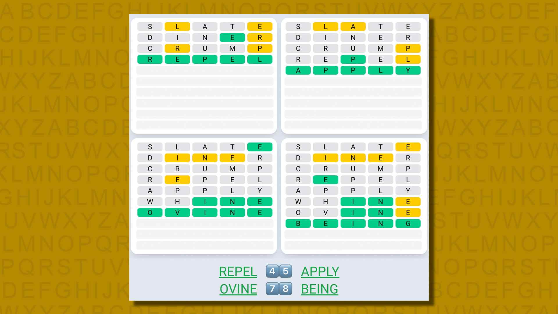 Sarı arka planda 584 numaralı oyunun Quordle günlük dizisi yanıtları