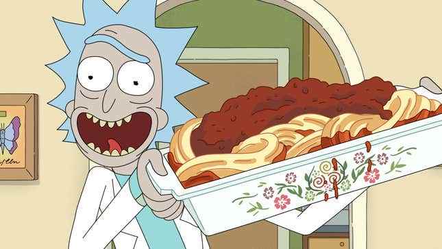 Rick and Morty'deki Rick, elinde bir tava lazanya tutuyor