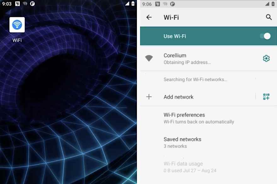 Şunu gösteren bir ekran görüntüsü "Wifi" Sistem Wi-Fi uygulaması olarak sunulan uygulama.  Ancak bu uygulama kılık değiştirmiş bir casus yazılımdır.  Uygulama simgesinde mavi bir kablosuz simgesi bulunur.
